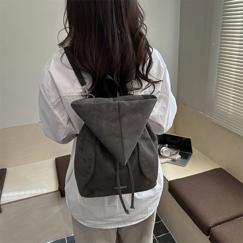 Fashion Women Suede Backpack Cute Rabbit Ears Design Large Capacity Casual School Bag Travel Rucksack Korean Style Drawstring Closure