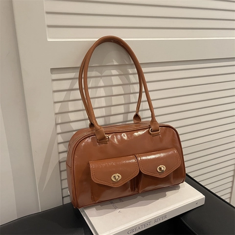 Borsa Sottobraccio in Pelle PU Vintage Donna Lucida Doppie Tasche Chiusura in Metallo Borsa Rettangolare da Pendolare Quotidiana