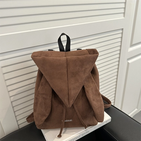 Fashion Women Suede Backpack Cute Rabbit Ears Design Large Capacity Casual School Bag Travel Rucksack Korean Style Drawstring Closure