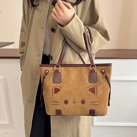 Borsa Tote Da Donna Grande Capacità Con Simpatico Ricamo Gatto Trama Scamosciata PU Borsa A Spalla Retro