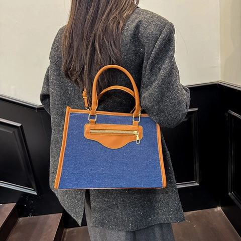 Borsa Tote Grande Capacità Denim Pelle PU Spliced Borsa A Spalla Commuter Retro Casual Mano Tasca Con Cerniera