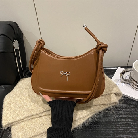 Damen Schultertasche Achseltasche PU Leder Schleife Metall Dekor Geknoteter Riemen Halbmond Hobo Tasche