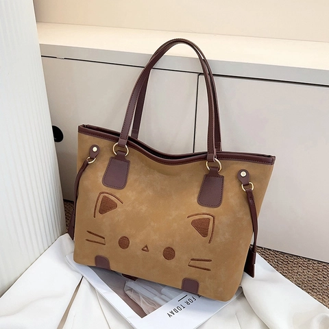 Simpatica Borsa Tote in Pelle PU a Forma di Gatto Ricamato Trama Scamosciata per Donna Grande Capacità Borsa a Tracolla Retrò Marrone