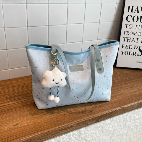 Borsa Tote da Donna alla Moda con Stampa a Stelle Borsa a Tracolla in Pelle PU con Grazioso Ciondolo a Nuvola Borsa da Viaggio Pendolare