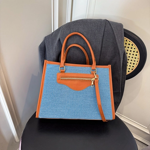Borsa Tote Grande Capacità Denim Pelle PU Spliced Borsa A Spalla Commuter Retro Casual Mano Tasca Con Cerniera