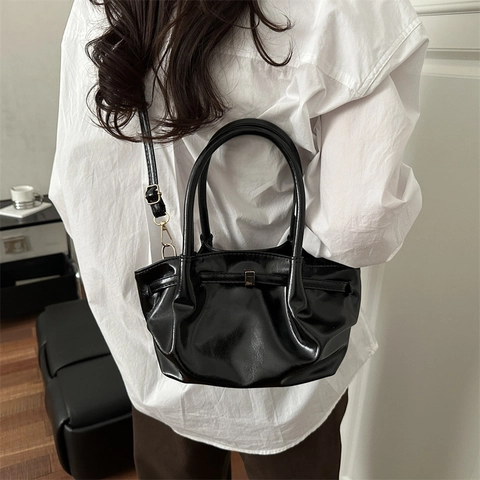 Ruched Shoulder Bag Women Glossy PU Leather Top Handle Crossbody Tote Vintage Minimalist Commuter Handbag Metal Buckle