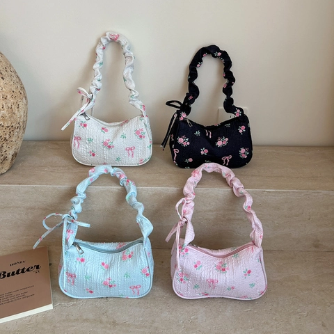 Sac à Épaule Doux Floral Seersucker pour Femmes Sac Hobo Vintage Imprimé Roses et Nœuds Sac Sous le Bras Style Coréen