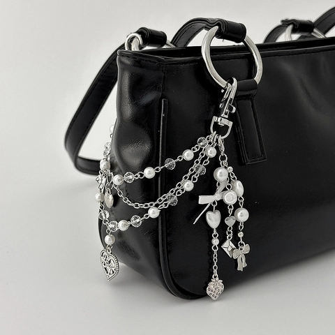 Moda Cool Cuore Fiocco Perla Artificiale Ciondolo per Borse Argento Lega Cristallo Perline Multi-Strato Accessori Borsa Donna