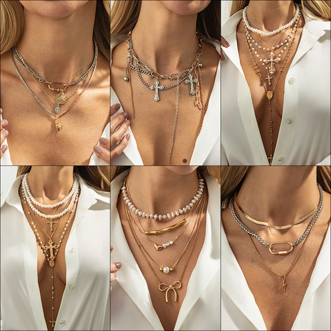 Multi Layer Halsketten Für Damen Legierung Imitation Künstliche Perle Kreuz Herz Stern Schmetterling Anhänger Retro Punk Schmuck