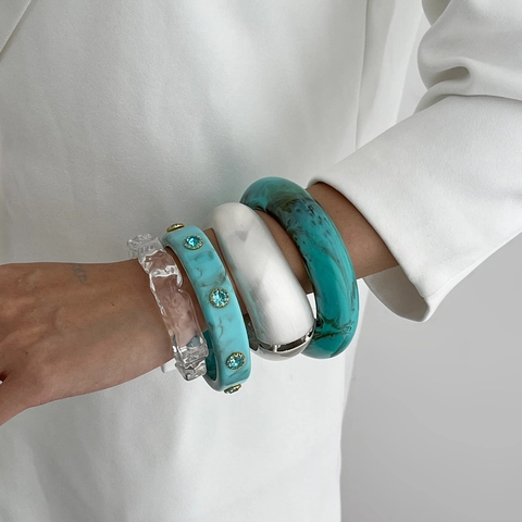 Juego De Pulseras De Brazalete Resina Aleación Diamantes De Imitación Textura Mármol Irregular Ondulada Transparente Boho Moda Para Mujeres