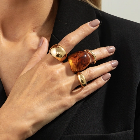 Vintage Chunky Stackable Rings Alloy Resin Geometric Finger Ring Gold Silver Rhinestone Jewelry For Women Daily Party