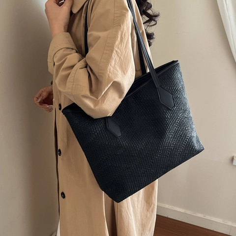 Women Large Capacity Tote Bag Embossed Texture PU Leather Casual Shoulder Bag Minimalist Commute Office Handbag