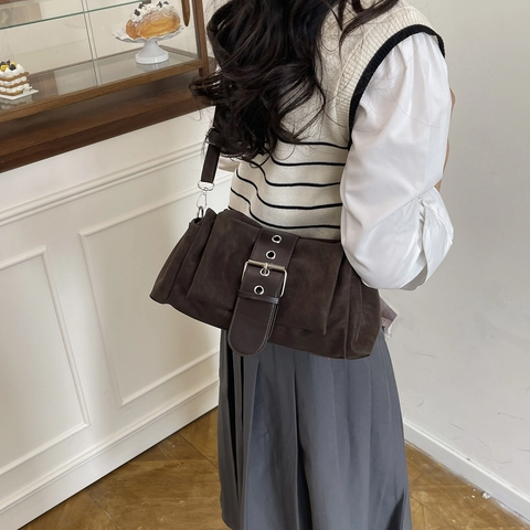 Borsa a Spalla in Pelle PU Vintage per Donna Con Fibbia Decorativa e Design a Cuciture Borsa a Tracolla alla Moda