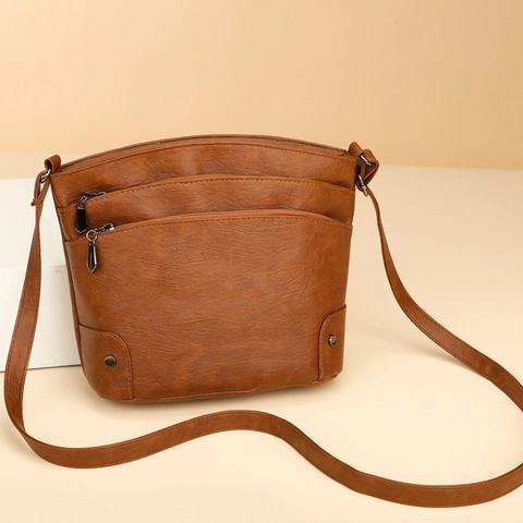 Sac À Bandoulière Femme Crossbody Similicuir Vintage Multi Couches Fermeture Éclair Texture Litchi Réglable Décontracté