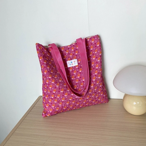 Lightweight Polyester Floral Tote Bag Japanese Style Pleated Shoulder Bag Large Capacity Handbag For Women Casual Travel