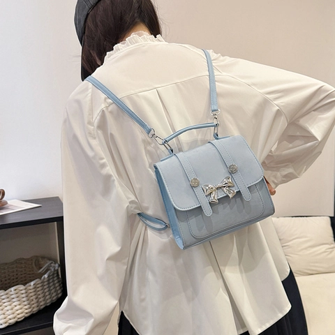 Women Korean Style Bow Mini Backpack PU Leather Shoulder Bag Crossbody Handbag Metallic Sweet Versatile Fashion Commuting Bag