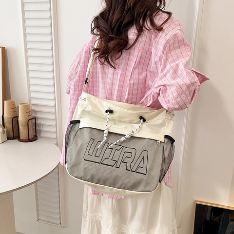 Borsa A Tracolla In Nylon Da Donna Grande Capacità Con Tasca In Rete Coulisse Borsa Tote Urbana Casual