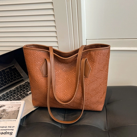 Women Large Capacity Tote Bag Embossed Texture PU Leather Casual Shoulder Bag Minimalist Commute Office Handbag