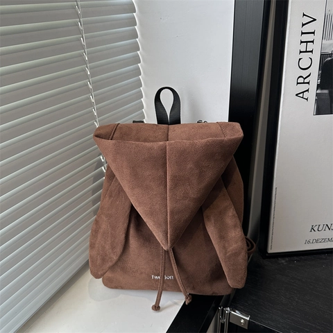 Fashion Women Rabbit Ear Faux Suede Backpack Niche Versatile Drawstring School Bag Lightweight Travel Casual Daypack