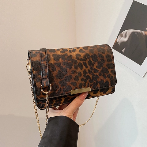 Bolso de Hombro de Cuero PU con Estampado de Leopardo para Mujer Retro Cadena de Oro Crossbody Bolso Cuadrado con Solapa
