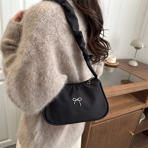 Women Fashion Ruched Handle Underarm Bag With Bow Knot Metal Decor Minimalist Nylon Shoulder Bag Hobo Dumpling Bag