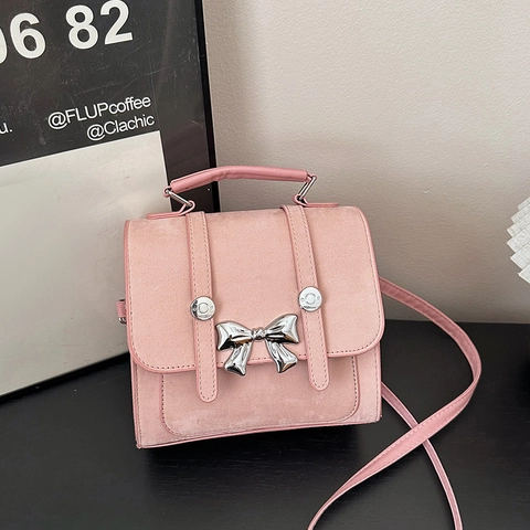 Women Korean Style Bow Mini Backpack PU Leather Shoulder Bag Crossbody Handbag Metallic Sweet Versatile Fashion Commuting Bag