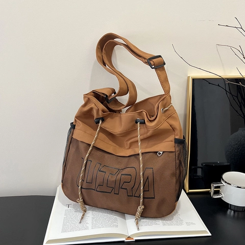 Borsa A Tracolla In Nylon Da Donna Grande Capacità Con Tasca In Rete Coulisse Borsa Tote Urbana Casual