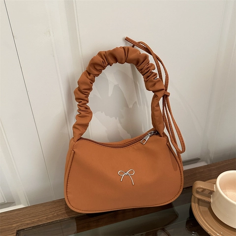 Women Fashion Ruched Handle Underarm Bag With Bow Knot Metal Decor Minimalist Nylon Shoulder Bag Hobo Dumpling Bag
