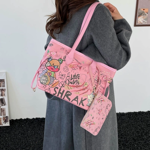 Graffiti Bucket Tote Tasche Und Beutel PU Leder Große Kapazität Cartoon Bär Druck Schulterhandtasche Für Frauen
