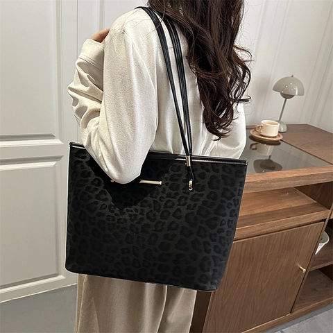 Sac Cabas Léopard Pour Femmes Grande Capacité Sac À Main En Daim Vintage Simple Urbain Travail