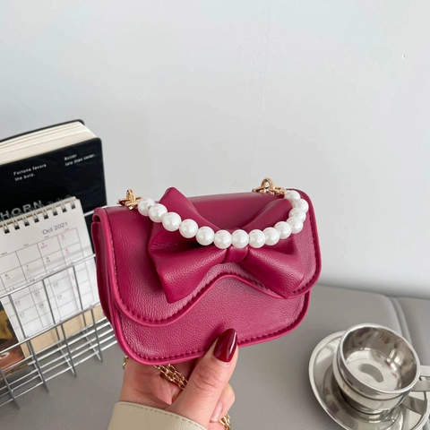 Sweet Bowknot Mini Crossbody Bag For Women PU Leather With Artificial Pearl Handle And Gold Chain Fashion Small Square Handbag