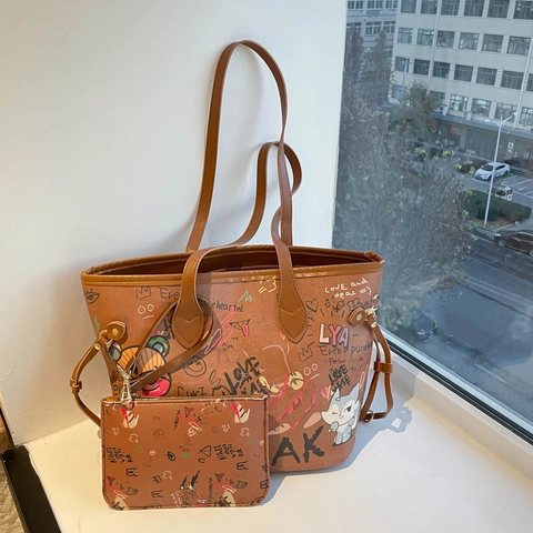 Graffiti Bucket Tote Tasche Und Beutel PU Leder Große Kapazität Cartoon Bär Druck Schulterhandtasche Für Frauen