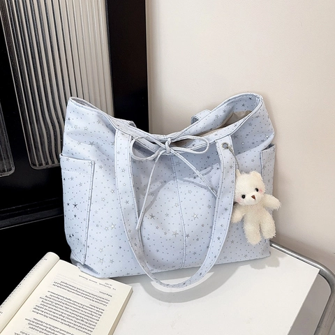 Women Cute Star Print Nylon Tote Bag Large Capacity Drawstring Shoulder Bag Korean Style Versatile Handbag