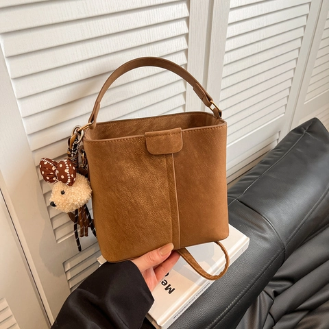 Women Retro Suede Bucket Bag With Bear Pendant Vintage Minimalist Crossbody Shoulder Bag Small Designer Handbag For Daily Use