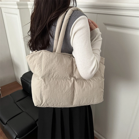 Quilted Puffer Tote Bag Nylon Down Cotton Large Capacity Solid Color Soft Shoulder Handbag For Women Daily Commute
