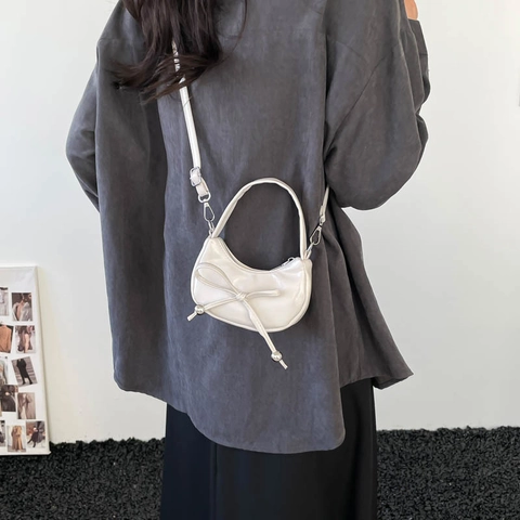 Sweet Bow PU Leather Mini Moon Crescent Shoulder Bag Cute Solid Color Handbag With Metal Ball Accent For Women Daily