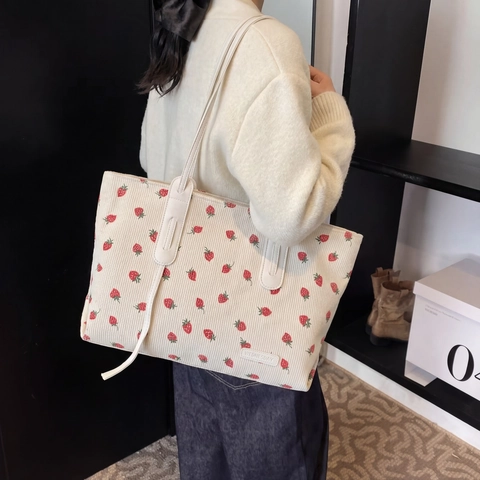 Aardbei Print Corduroy Tote Bag Grote Capaciteit Rits Schoudertas Schattig Casual Voor Dames Studenten