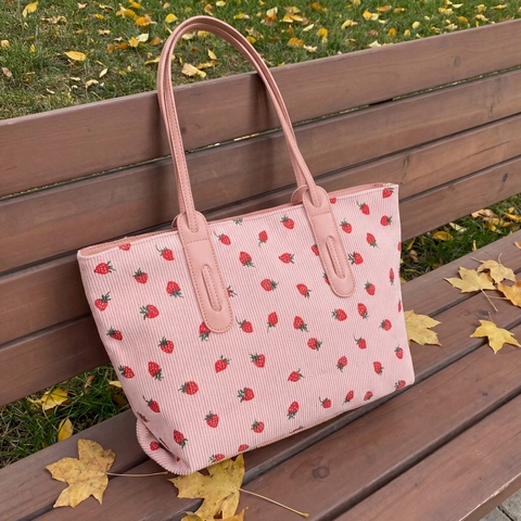 Aardbei Print Corduroy Tote Bag Grote Capaciteit Rits Schoudertas Schattig Casual Voor Dames Studenten