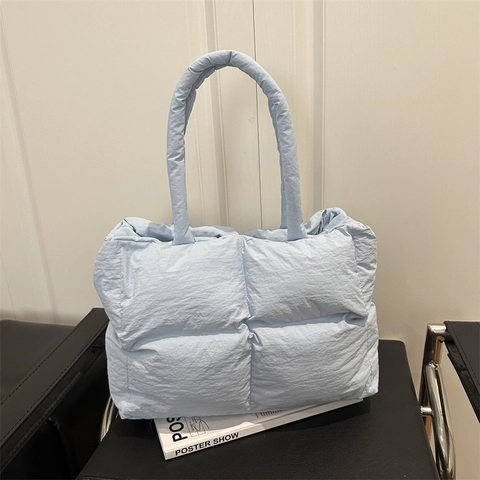 Quilted Puffer Tote Bag Nylon Down Cotton Large Capacity Solid Color Soft Shoulder Handbag For Women Daily Commute