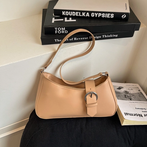Bolso de Axila de Cuero de PU Vintage para Mujer Minimalista Color Sólido Bolso de Hombro Con Hebilla de Plata Elegante