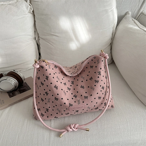 Sac À Épaule En Velours Côtelé Pour Femmes Avec Imprimé Cœur Et Nœud Sac Fourre-Tout Décontracté Grande Capacité Style Doux