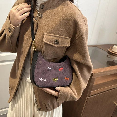 Vintage Suede Hobo Underarm Bag For Women Fashion Moon Bag With Colorful Bow Embroidery Contrast Leather Trim Gold Hardware
