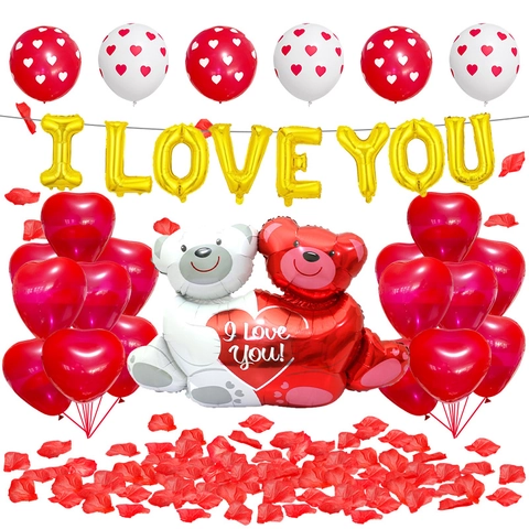 Decorazione Palloncini San Valentino I Love You Cuore Orso Pellicola Alluminio Lattice Con Petali Di Rosa Rossa Per Matrimonio