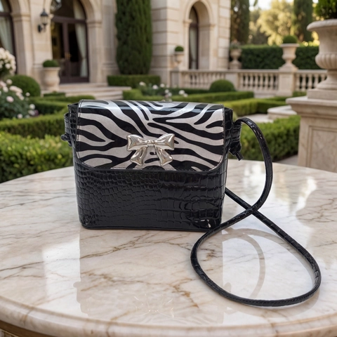 Women Small Square Crossbody Bag PU Leather Crocodile Zebra Snake Print Pattern Metal Bowknot Chic Retro Flap Shoulder Bag