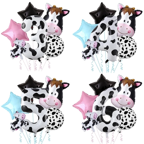 Cow Theme Birthday Party Balloon Set Aluminum Foil Cow Print Number Animal Shaped Star Balloons For Farm Party Decoration
