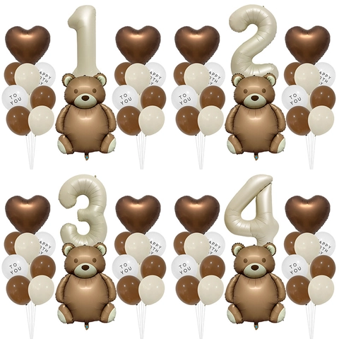Retro Teddybär Geburtstag Ballon Dekoration Folie Latex Herz Nummer Ballons Creme Weiß Braun Party Zubehör