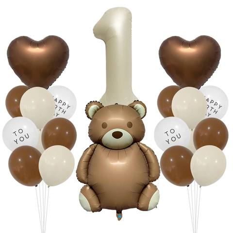 Decorazione con Palloncini di Compleanno a Forma di Orsetto Retrò Opaco Marrone Crema Numero Orsetto Cuore Alluminio Lattice per Festa