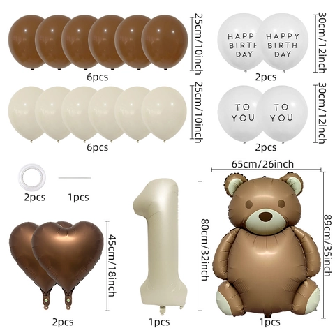 Retro Teddybär Geburtstag Ballon Dekoration Folie Latex Herz Nummer Ballons Creme Weiß Braun Party Zubehör