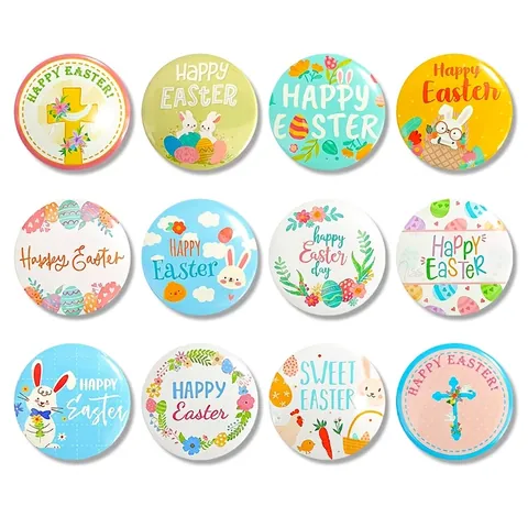 Buona Pasqua Spille In Banda Stagnata Bottone Rotondo Decorativo Coniglietto Cartone Animato Croce Uova Colorate Festa
