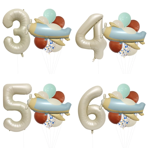 Globos de Cumpleaños Avión Retro Con Globo de Papel de Aluminio Número Crema 32 Pulgadas Para Decoración Fiesta Niños